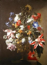 Ett stilleben med blommor i en vas (olja på duk)
