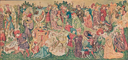 Akvarellåtergivning av en av Hardwicke gobelängerna, c1902