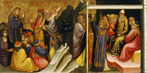 Predella Panel: Saint Stephen inför översteprästen och äldste i Sanhedrin