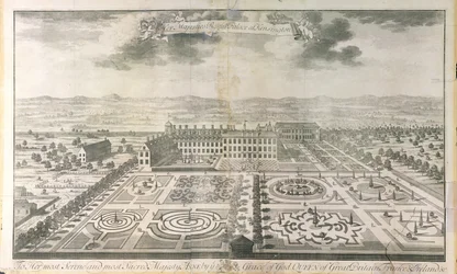 Vaaiga Mata a Manu o Faatoaga o le Kensington Palace, na vaneina e Johannes Kip (c.1652-1722) pub. saunia e J. Smith, 1724 swed
