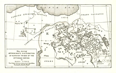 Karta som visar den ungefärliga utbredningen av kurdiska stammar i Osmanska riket, ca 1915.
