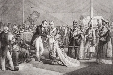 Grand Durbar i Cawnpore efter att Sepoy-revolten slagits ner, 1858, från "Illustrations of English and Scottish History", volym II.