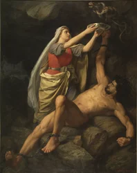 Loki et Sigyn - Loke och Sigyn, av Winge, Marten Eskil (1825-1896). Olja på duk