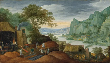 Ett stenigt landskap med figurer vid ett järngjuteri, en flod och hus på stranden bortom