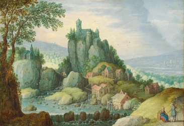 Panoramalandskap med en flod, ett slott på en klippig udde och en vattenkvarn nedanför
