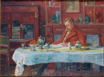 Émile Verhaeren 1855-1918 vid bordet, 1900.