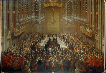 Bankett i samband med bröllopet av kejsar Josef II och Isabella av Parma den 10/06/1760. Med Mozart stående i orkestern
