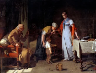 En ung kvinna som hjälper en olycklig familj Målning av Martin Drolling (1752-1817) Caen från 1800-talet, Musee des Beaux Arts