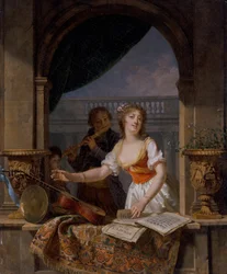 En ung dam som sträcker sig efter en gitarr vid ett stenhus och en pojke som spelar flöjten bortom