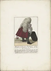 Från dwerg Chevalier Rondeau als een parlamentslid, ca. 1710 Monsieur le Chevalier Rondeau, stortalare i de stummas parlament, i ceremoniell klädsel (titel på objektet) Il Callotto resurcitato oder Neu eingerichtes Zwerchen Cabinet (serietitel)