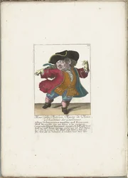 Dvärgen Gilles Platfues som fransk dansmästare, ca. 1710 Mgr. Gilles Platfues, dansmästare vid Academie des Lourdeaux (titel på objekt) Il Callotto resurcitato eller nyutnämnd Zwerchen-kabinett (serietitel)