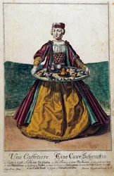 En kaffebryggare: en ung kvinna som bär en bricka laddad med en kaffeservering. Gravyr av Martin Engelbrecht (1684-1756) 1700-talet. Paris, Dekorativ konst