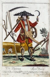 En bonde. Gravyr av Martin Engelbrecht (1684-1756), i "" Ny sammansättning av manouvries habilles"" 1700-tal, Tyskland. Paris, Dekorativ konst