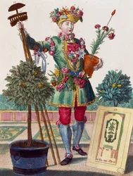 Trädgårdsmästare, gravyr från Assemblage des nouveau manouvries habilles av Martin Engelbrecht (1684-1756), Tyskland