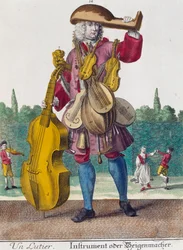 Lutspelare, gravyr från Assemblage des nouveau manouvries habilles av Martin Engelbrecht (1684-1756), Tyskland
