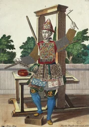 Tillverkare av färgat papper, gravyr från Assemblage des nouveau manouvries habilles Martin Engelbrecht (1684-1756), Tyskland