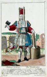 Metier: En bokbindare. Gravyr av Martin Engelbrecht (1684-1756), i "New assembly of the manouvries habilles" 1700-talet, Tyskland. Paris, dekorativ konst