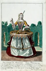 Metier: En snickarfru. Gravyr av Martin Engelbrecht (1684-1756), i "" Ny sammansättning av manouvries habilles"" 1700-tal, Tyskland. Paris, Dekorativ konst