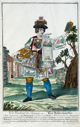 Metier: En bildsäljare. Gravyr av Martin Engelbrecht (1684-1756), i "" Ny sammansättning av manouvries habilles"" 1700-tal, Tyskland. Paris, Dekorativ konst