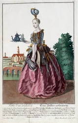 Metier: Kvinna av en guldfisk. Gravyr av Martin Engelbrecht (1684-1756), i "" Ny sammansättning av manouvries habilles"" 1700-tal, Tyskland. Paris, Dekorativ konst