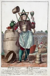 Representation av en bryggare med en fontän, ett glas, en kanna, en hink, en tunna, en klubba, en skål, en broc, en panna. Gravyr av Martin Engelbrecht (1684-1756)