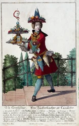 Konditorn: en ung man som håller i en bricka med godis och konfektyr. Gravyr av Martin Engelbrecht (1684-1756) 1700-talet. Paris, Dekorativ konst