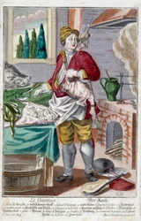 Kocken. Gravyr av Martin Engelbrecht (1684-1756), i "" Ny sammansättning av manouvries habilles"" 1700-tal, Tyskland. Paris, Dekorativ konst