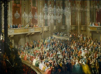 Fest för att hedra Maria Therese av Österrike (1717-1780), Josef II (1741-1790) som blev kejsare och hustru till Isabella av Parma (Bourbon-Parma) (Bourbon Parma) den 10/10/1760 den unge Wolfgang Amadeus Mozart (1756-1791) är närvarande. Målning från Sc