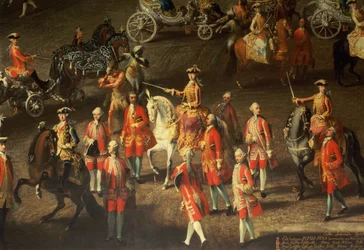 En kavalkad i vinterridskolan i Wien Hof för att fira den franska arméns nederlag i Prag, 1743 (detalj, visar Maria Theresia, kejsarinna av Österrike, monterad på en grå häst) (detalj