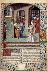 Allegory of Virtue: vasall som hyllar sin herre i närvaro av dygden. Miniatyr från "The Spirit of Fortune and Virtue" av Martin Le Franc (1410-1461) 1447-1448, Paris B.N.