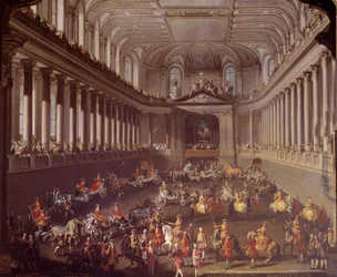 Karusellen av den spanska manegen i Wien för att fira det franska nederlaget i Prag 1763, Marie Therese från Österrike (1717-1780) är representerad på den vita hästen Målning av skolan av Martin Meytens (1695-1770) 1700-talets Wien. Konsthistoriska Mus