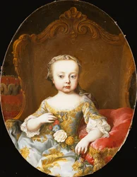 Porträtt av hans syster, ärkehertiginnan Maria Christine, sittande, tre fjärdedels längd, i en guldbroderad blå klänning som håller en krans av blommor,