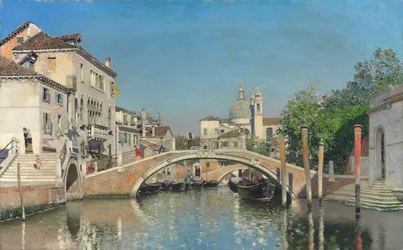 En venetiansk kanal med gondoler, Santa Maria Della Salute bortom (olja på duk)