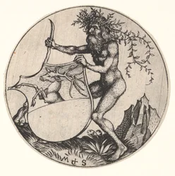 Sköld med hjort som hålls av Wild Man, ca. 1435-1491.