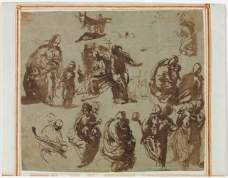 Olika skisser av Madonna and Child (Recto) arkitekturstudier (verso) [delvis synlig på Recto]