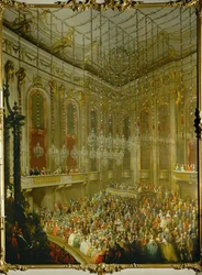 Bröllopskonsert för kejsar Joseph II och Isabella av Parma;serenad i Redoutensaal i Wiens kejserliga palats ... (olja på duk)