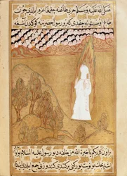 Islam: "" Representation av profeten Muhammed (Mohammed eller Muhammed) (570-632) (ansiktet täckt) på berget Hira som får en vision""" Miniatyr hämtad från "Siyer-i Nebi"" (Siyer i Nebi) episk dikt som berättar om profeten Muhammeds liv skrivet av Must