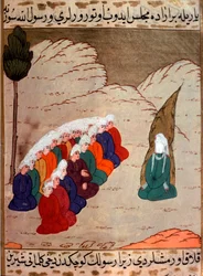 Representation av profeten Muhammed (Mohammed eller Muhammad) (570-632) (ansikte täckt) som predikar för medlemmar av stammen Abd al-Muttalib (Abd al-Muttalib) Miniatyr från "Siyer-i Nebi" (Siyer i Nebi) epos dikt om profeten Muhammeds liv wr