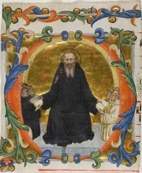 Saint Benedict presenterar sin regel för benediktiner- och cisterciensermunkar i ett historiskt initialt "O" från en körbok