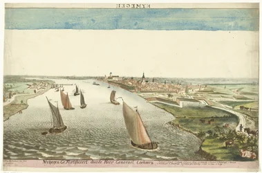 Utsikt över befästningarna nära Nijmegen på Waal Nymegen förstärkt av Sir General Coehoorn (titel på objekt)