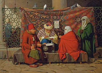 En turkisk notarie som upprättar ett äktenskapskontrakt framför Kilic Ali Pasha-moskén, Tophane, Konstantinopel