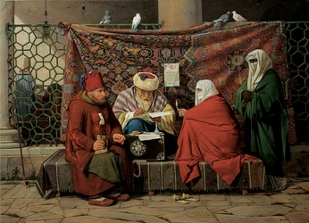 En turkisk notarie som upprättar ett äktenskapskontrakt framför Kilic Ali Pasha-moskén, Tophane, Konstantinopel, 1837
