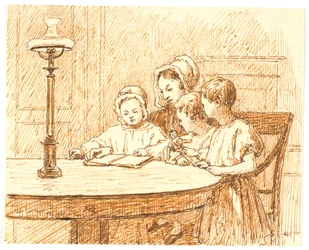 En mamma visar tre barn en bok
