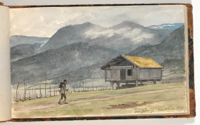 Bergslandskap med stuga och vandrare