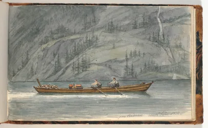 Fjordlandskap med roddbåt. Krøderen, Norge