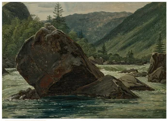En utskjutande klippa i forsen (Fos med utmärkt klippstycke)