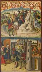 Den helige Christopher möter Satan, den helige Christopher före kungen av Lykien, 1480-85