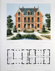 Projekt för ett litet lanthus nära Paris, graverat av Walter, platta 6 från "Architecture Pittoresque et Moderne" (färglitografi)