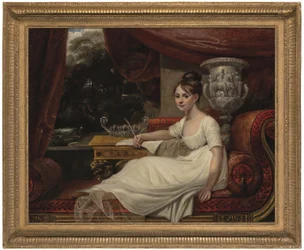 Porträtt av Eleanor Anne Porden, Lady Franklin (1795-1825), på en schäslong (olja på duk)