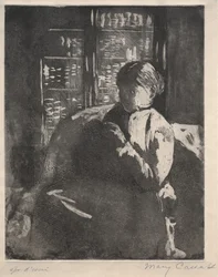 Stickning i biblioteket, c. 1881.